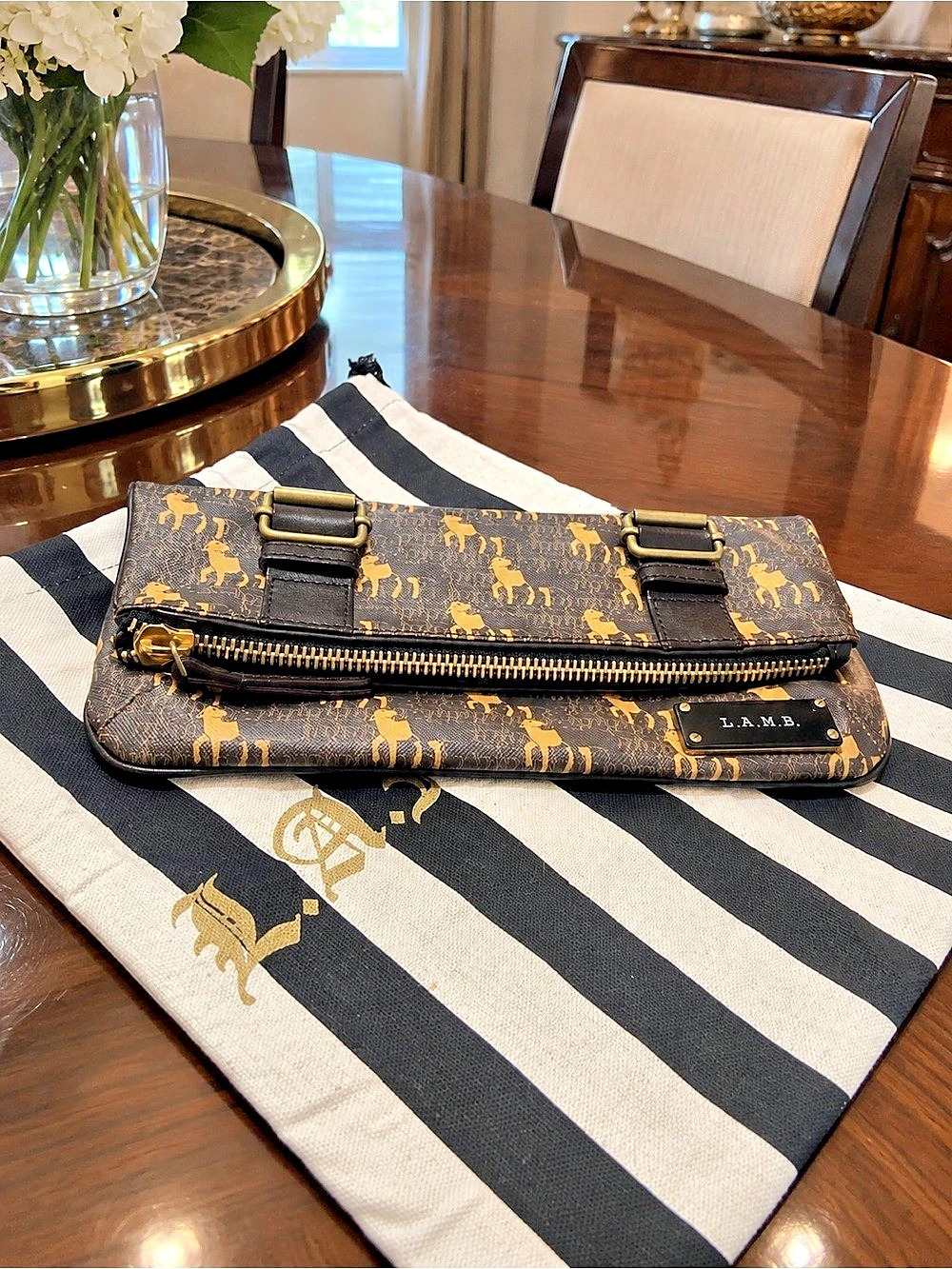 L.A.M.B. Carlisle Signature Foldover Clutch. Brown & Black